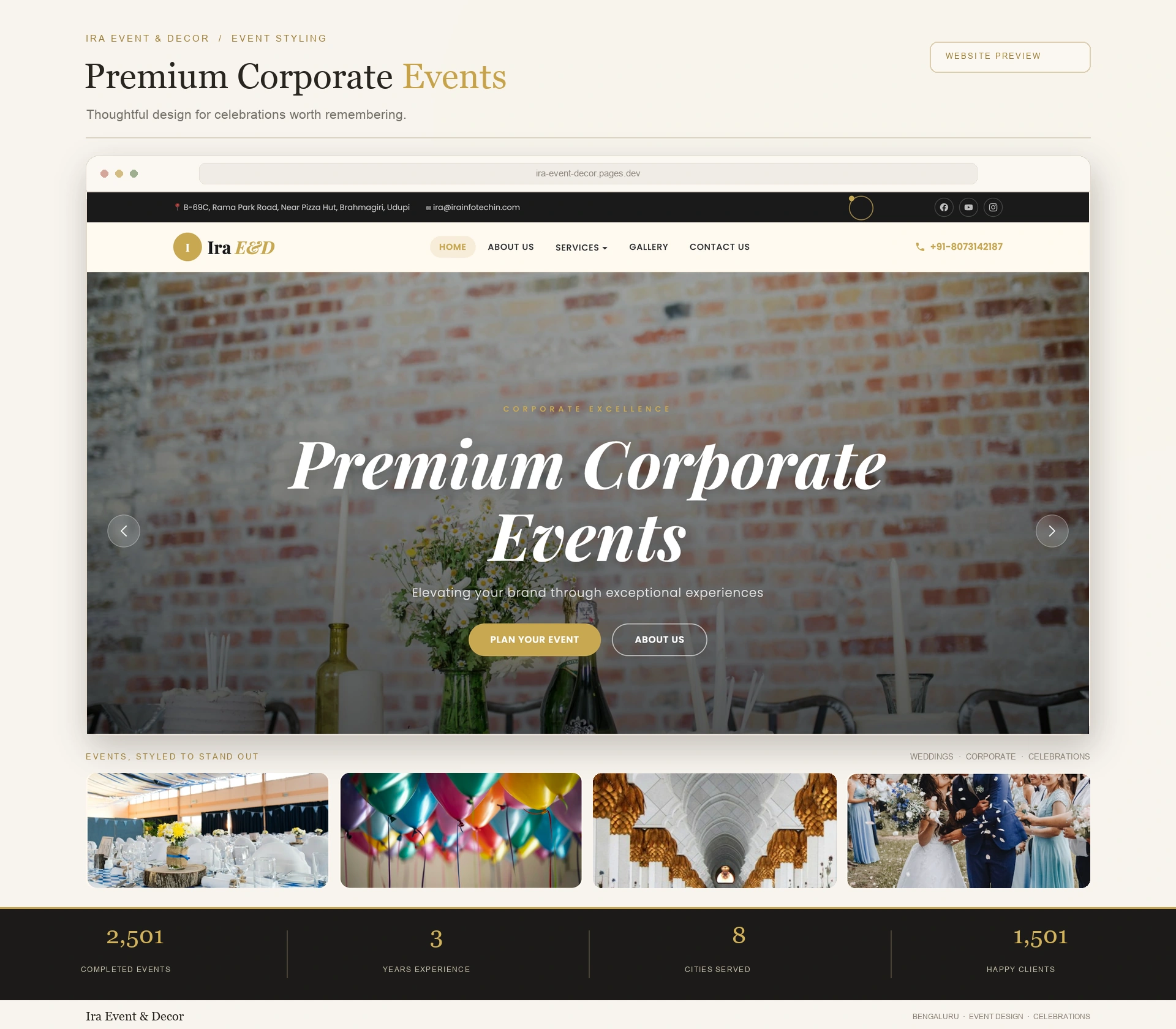 Illustrated preview of the Ira Event & Decor website layout on desktop and mobile
