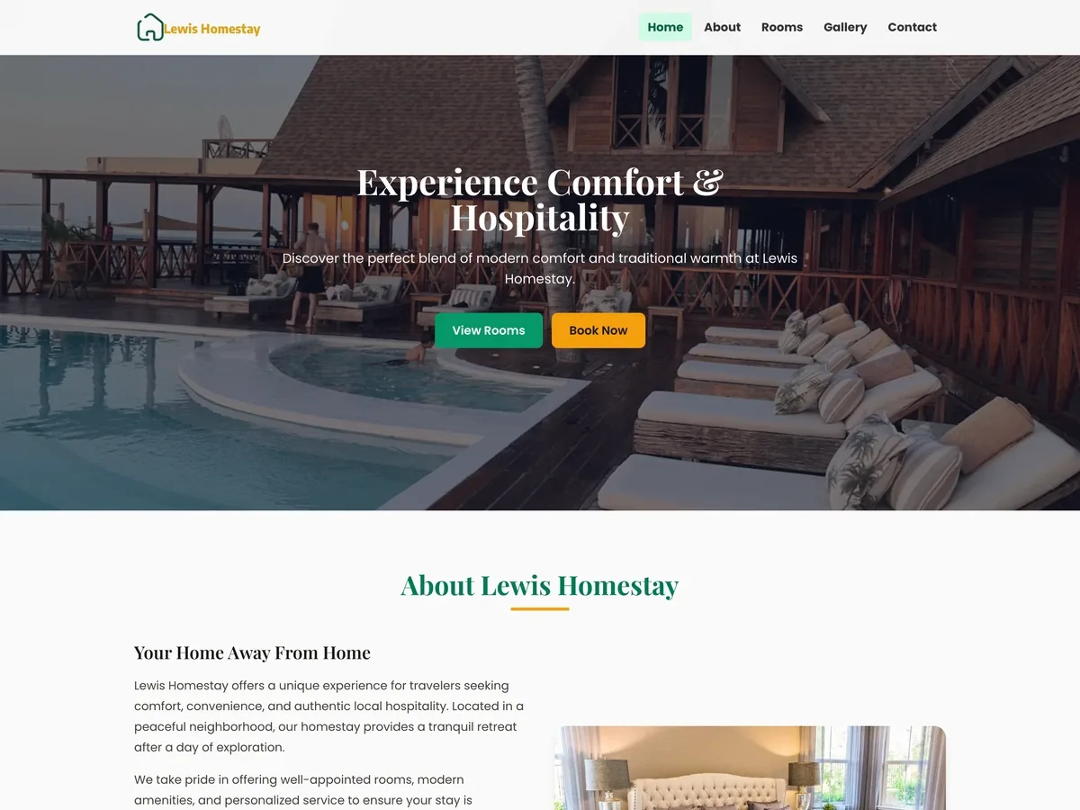 Home page of the Lewis Homestay website, showing a poolside wooden villa and the heading Experience Comfort and Hospitality