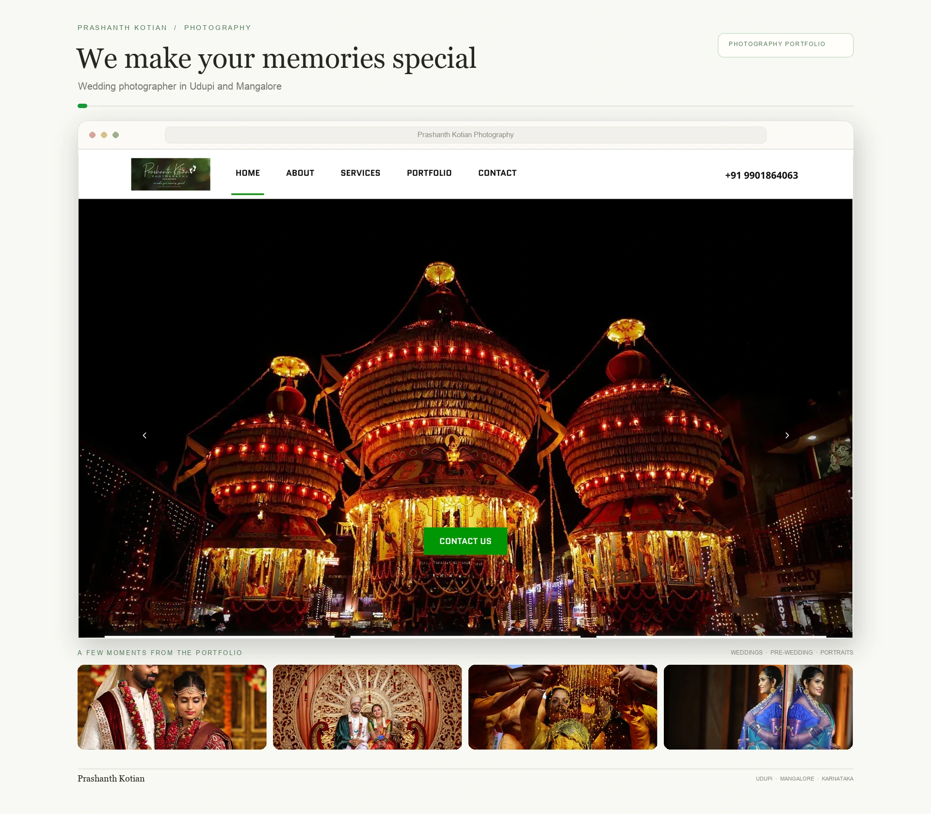 Illustrated preview of the Prashanth Kotian Photography website layout on desktop and mobile