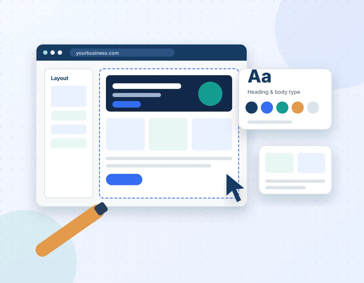 Illustration of a website design canvas with a page layout, colour palette and type samples