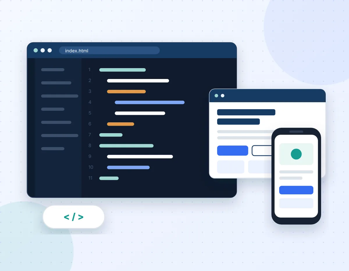 Illustration of a code editor next to a responsive website preview on desktop and mobile