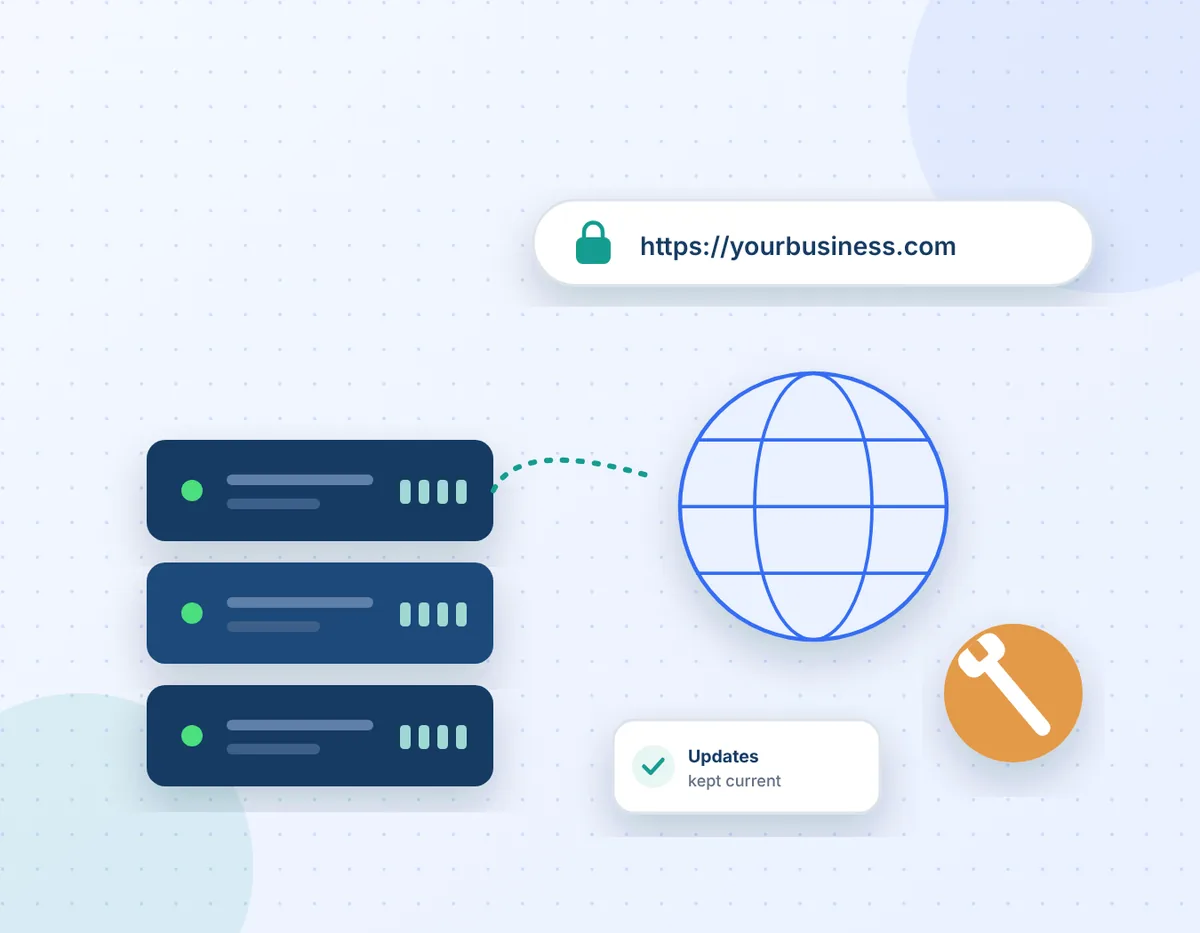 Illustration of web servers, a globe and a secure domain address with a maintenance tool