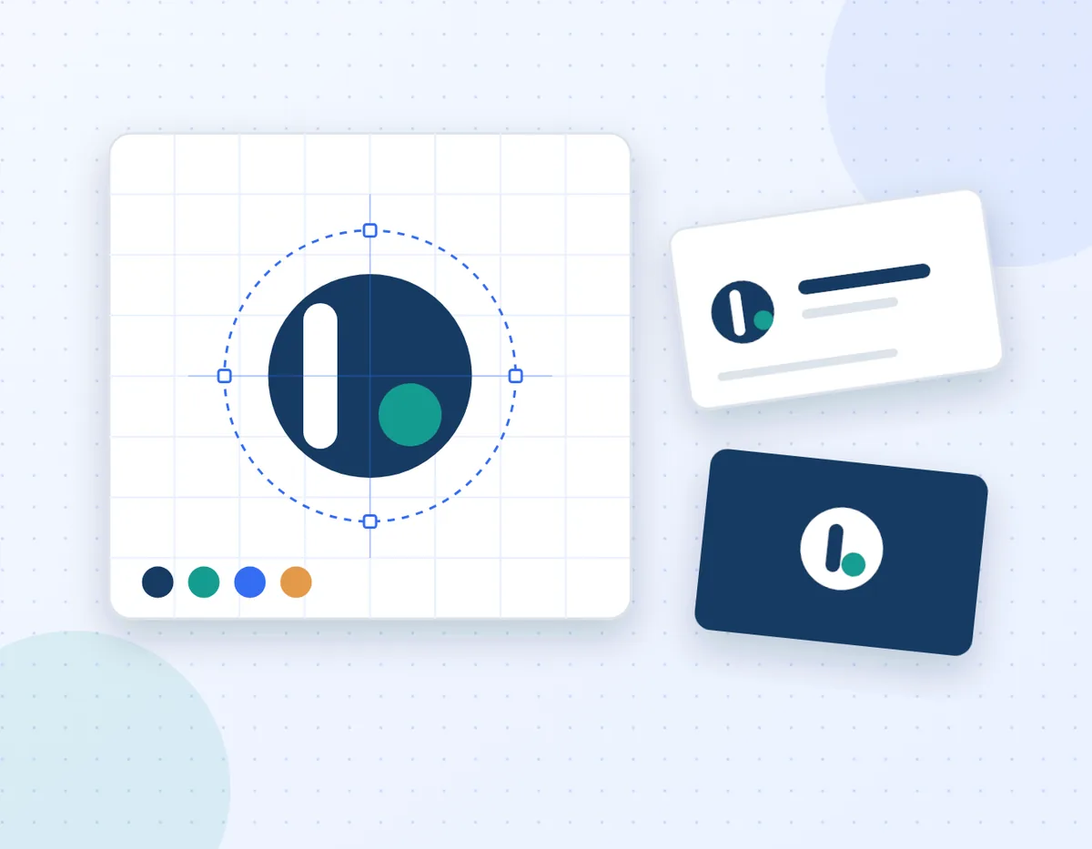Illustration of a logo being constructed on a grid, with a business card and colour swatches