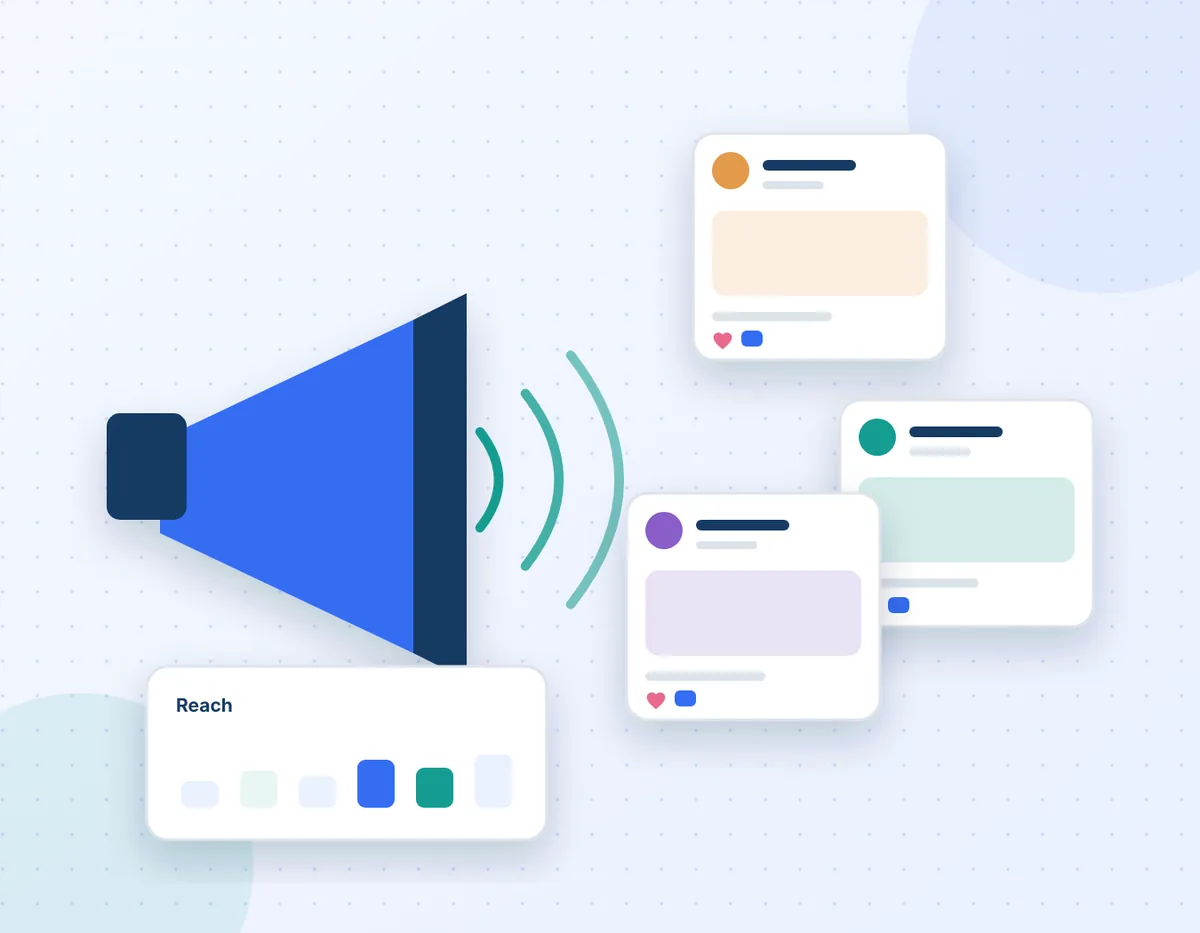 Illustration of a megaphone with social media posts and an audience reach chart