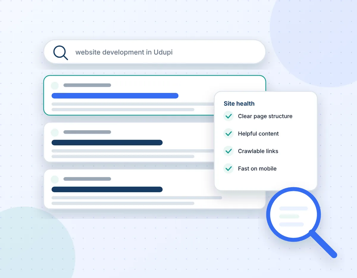 Illustration of a search results page with a magnifying glass and a checklist of site health points